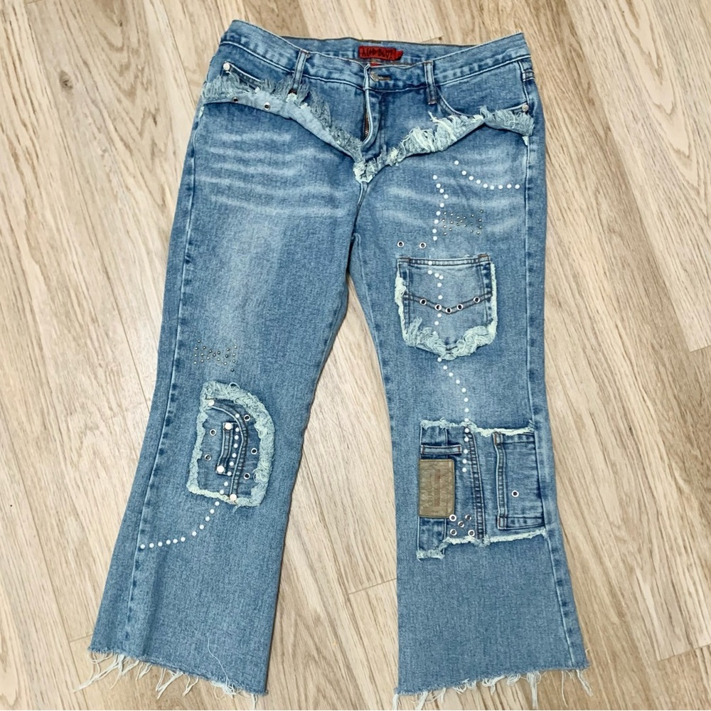 Y2k Acid Blue Vintage Pearl Hippie Boho Studded Patchwork Cropped Jeans Jrs 13